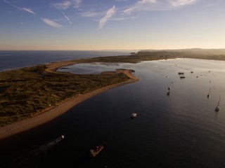 Aerial view of Dawlish Warren and sunset on the river Exe in Devon, UK