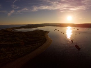 Aerial view of Dawlish Warren at sunset, on the river Exe in Devon, UK 