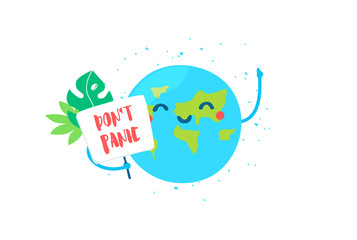 Cute cartoon Earth with banner and palm leaves says Don not Panic. Flat style. Vector card.