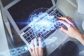 Double exposure of woman hands working on computer and data theme hologram drawing. Top View....