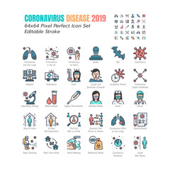 Simple Set of Coronavirus Disease 2019 Covid-19 Filled Outline Icons. such Icons as Symptoms, Infection,Testing, Social Distancing, Stay Home, Quarantine. 64x64 Pixel Perfect Editable Stroke. Vector