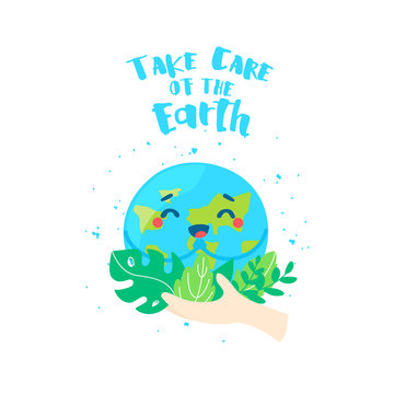 Cute cartoon planet in human hand with palm leaves. Take care of the Earth. Flat style. Vector card.