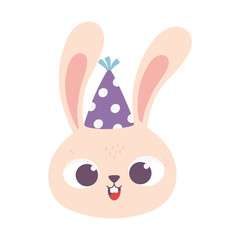 happy birthday, cute rabbit face with party hat isolation design icon