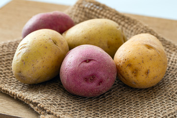 Close up of bite size yellow and red potatoes on gunny sack