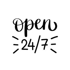 Vector lettering of open 24/7. Text isolated on white backdrop. Concept of online shopping, store, food delivery, support service, customer care. Design of icon, logo, button, website, social media.