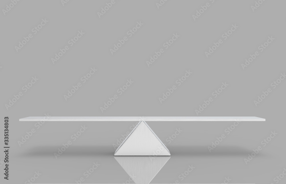 Wall mural 3d rendering. empty blank silver aluminium triangle balance scale with clipping path on gray backgro