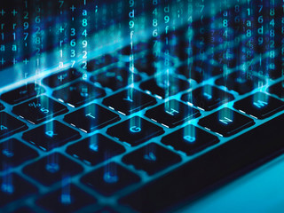 code and keyboard  blue background ethical hacking concept 