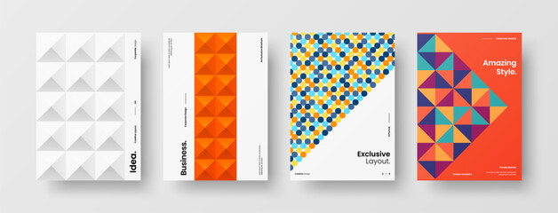 Company identity brochure template collection. Business presentation vector A4 vertical orientation front page mock up set. Corporate report cover abstract geometric illustration design layout bundle.