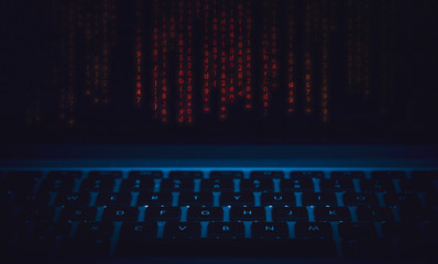 code and keyboard  blue background ethical hacking concept 