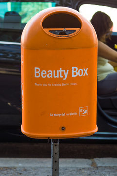 BERLIN - AUGUST 08, 2015: Creative outdoor garbage containers by the main street cleaning company "Berliner Stadtreinigung" (BSR).
