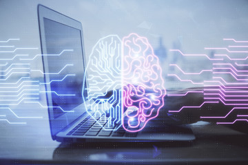 Multi exposure of woman hands working on computer and brain hologram drawing. Ai concept.