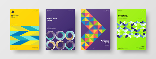 Naklejka premium Company identity brochure template collection. Business presentation vector A4 vertical orientation front page mock up set. Corporate report cover abstract geometric illustration design layout bundle.