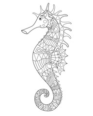 Seahorse - an inhabitant of the ocean - vector antistress coloring book. Seahorse fish with marine pattern for coloring. Outline. Linear picture about life in the ocean.