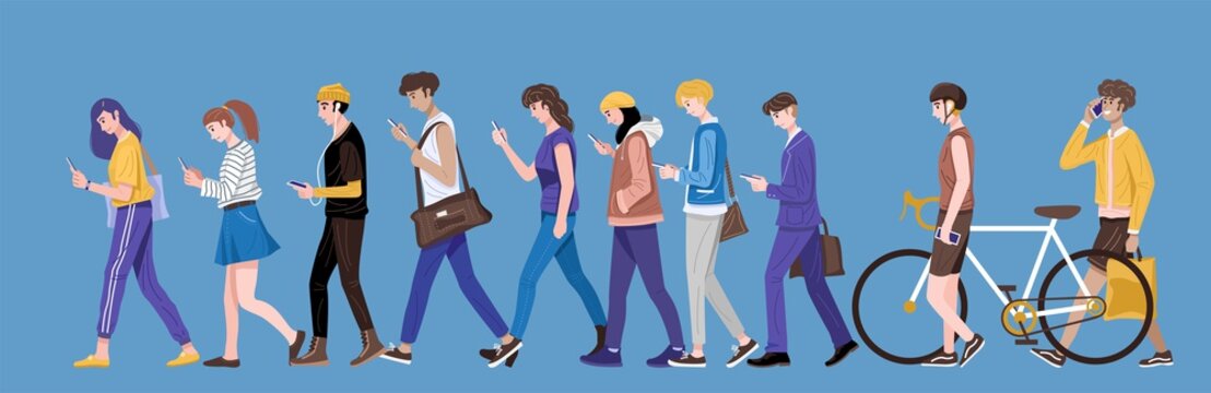 Flat design, Group of young people using smartphone, texing and talking. Vector