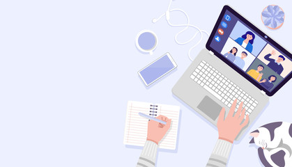 Top view of man's hands using laptop for Video Conferencing at home. Vector