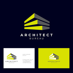 Architect bureau logo. Brick modules and letters. Build and construction emblem. Vector emblem. Business card.