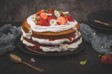Sponge cake with fresh strawberries