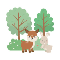 Obraz na płótnie Canvas camping cute little bunny and deer trees flowers bush cartoon