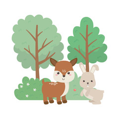 camping cute little bunny and deer trees flowers bush cartoon