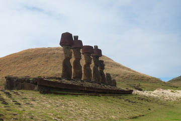 Moai statues in the Rano Raraku Volcano in Easter Island, Rapa Nui Park, Chile