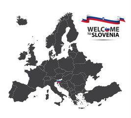 Illustration of a map of Europe with the state of Slovenia in the appearance of the Slovenian flag and Slovenian ribbon isolated on a white background