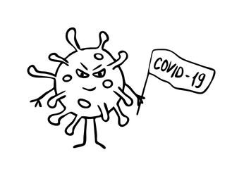 Smiling angry coronavirus virus with flag and inscription COVID-19, cartoon caricature line sketch in black and white colors