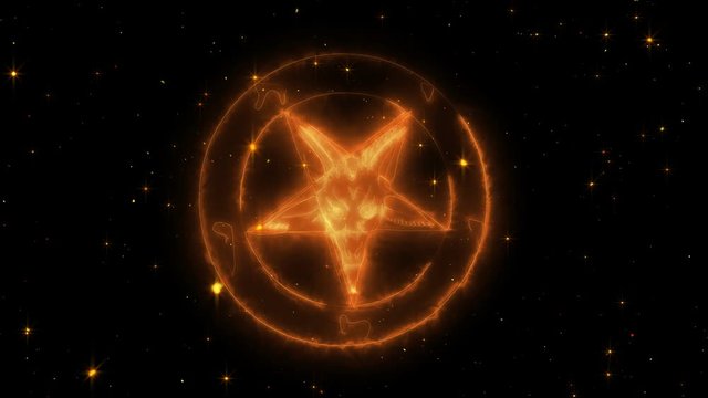 Striking 3d rendering of a golden pentagram symbol placed in two circles and turning around slowly in a black universe with shining small stars