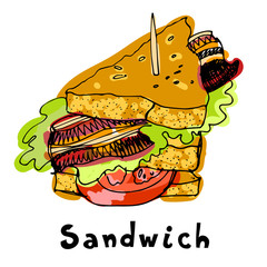 Painted sandwich with bread tomato ham bacon lettuce.