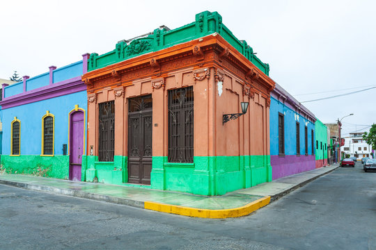 Colorful corner with traditional colonial houses on the streets of Chucuito neighborhood in Callao Region, Peru