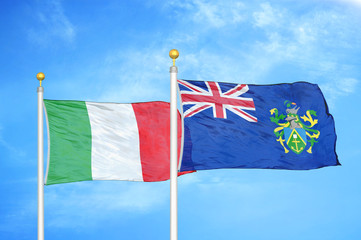 Italy and Pitcairn Islands two flags on flagpoles and blue cloudy sky