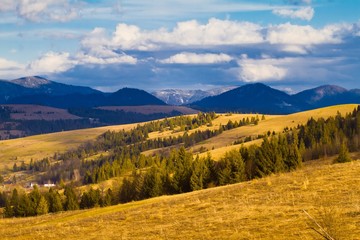 Carpathian Mountains in Transcarpathia, late evening sun in valley, mountains in early spring, white heavy clouds make shadows, extreme tourism concept, nature protection and ecology