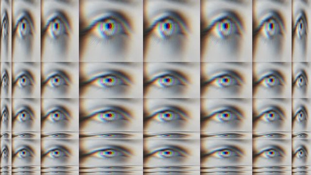 Animation of multiple eyes with glitch effect, eye wall in TV boxes, repeated frames patterns background, big brother concept
