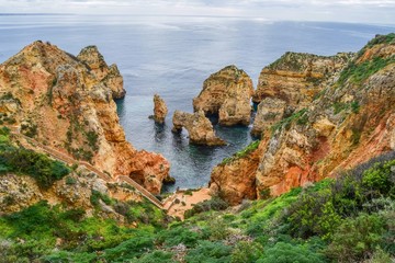 Panoramic view of Ponta da Piedade, in Lagos, Algarve, Portugal. Cliff rocks on sea at Ponta da...