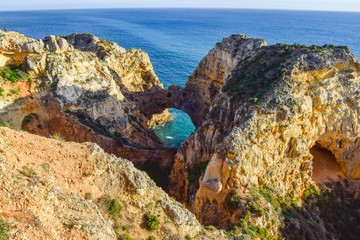 Panoramic view of Ponta da Piedade, in Lagos, Algarve, Portugal. Cliff rocks on sea at Ponta da Piedade, Algarve region, Portugal