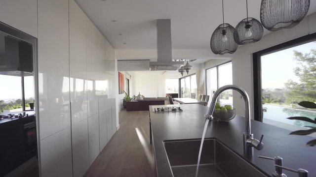 Home villa interior walking from kitchen in to living room empty space modern interior