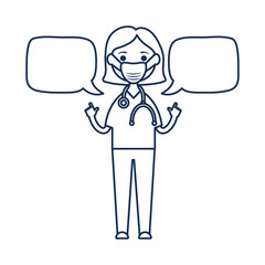 speech bubbles and cartoon doctor woman standing icon, line style