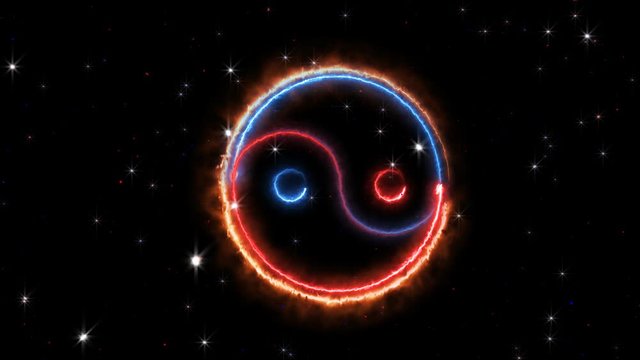 Gorgeous 3d rendering of ancient female and male symbol called yin and yang. It is put in a glittering circle and soaring in the black cosmos with shiny stars
