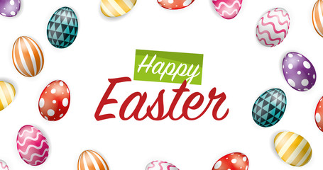 Vector Illustration of Happy Easter Holiday with Painted Eggs and Grass on Colorful Background. International Spring Celebration Design with Typography for Greeting Card, Party Invitation