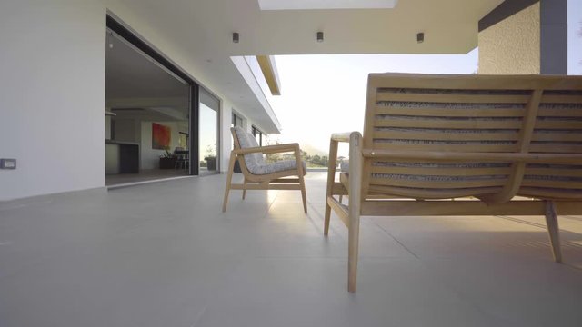 Modern villa garden walking in swimming pool, Sunshine modern house pool