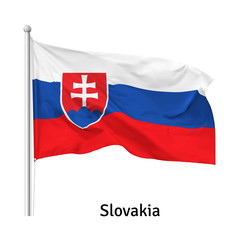 Flag of the Slovak Republic in the wind on flagpole, isolated on white background, vector
