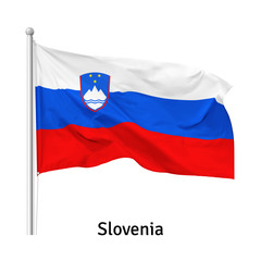 Flag of the Republic of Slovenia in the wind on flagpole, isolated on white background, vector