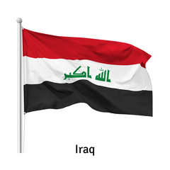 Flag of the Republic of Iraq in the wind on flagpole, isolated on white background, vector