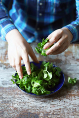 Selective focus. Men's hands holding a fresh salad mash over the plate.
