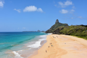 Beautiful aerial view of Cacimba do Padre beach and Morro do Pico at Fernando de Noronha Island, Pernambuco, Brazil.
