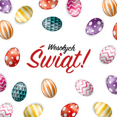 Wesołych Świąt, Życzenia wielkanocne. Wielkanoc. Vector Illustration of Happy Easter Holiday with Painted Eggs and Grass on Colorful Background. International Spring Celebration