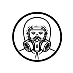 Mascot icon illustration of head of a medical professional, essential or industrial worker wearing a respiratory protective equipment, RPE viewed from front on isolated background in retro style.
