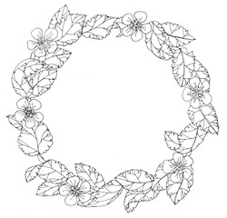 graphic black and white drawing a wreath of contour monochrome leaves and flowers of an apple tree