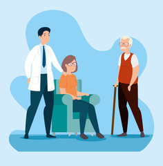 old couple in waiting room with doctor vector illustration design