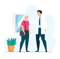 old woman talking with doctor vector illustration design