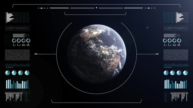 HUD earth HI technology interface, global interface and technology, infographics display. Astronomy center display. 4K 3D abstract animation.